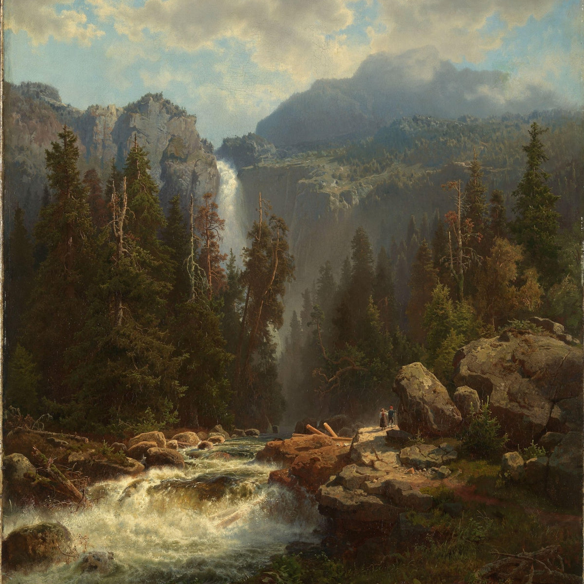 Landscape Oil Painting - Mountain Waterfall and Pine Forest - Oil Painting Haven