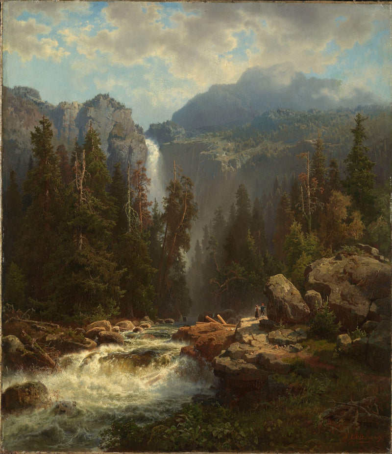 Landscape Oil Painting - Mountain Waterfall and Pine Forest - Oil Painting Haven