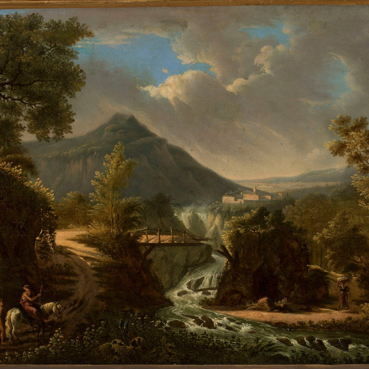 Landscape Oil Painting - Mountain Waterfall and Rustic Bridge - Oil Painting Haven