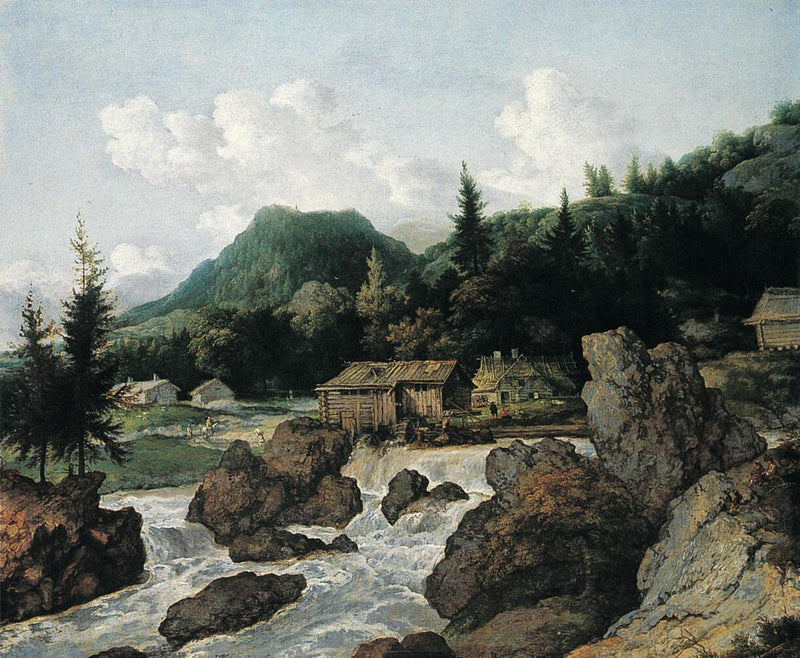Landscape Oil Painting - Mountain Waterfall by Rustic Cabins - Oil Painting Haven