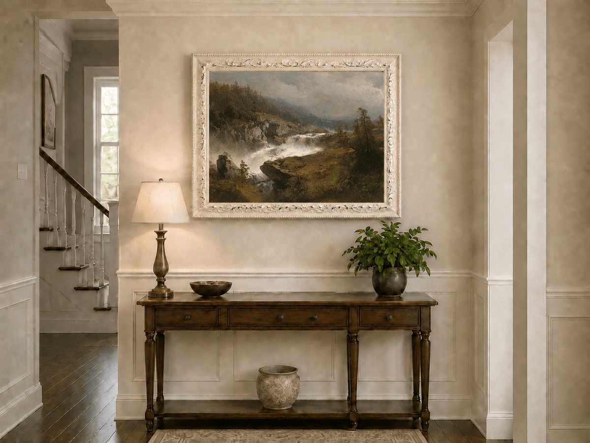 Peinture à l'huile de paysage - Rivière printanière avec pêcheur et arbres