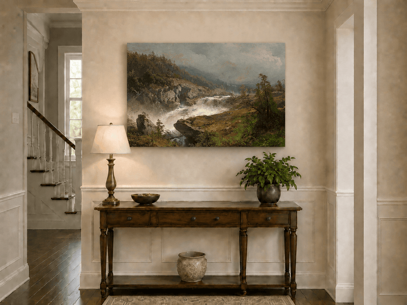 Peinture à l'huile de paysage - Rivière printanière avec pêcheur et arbres