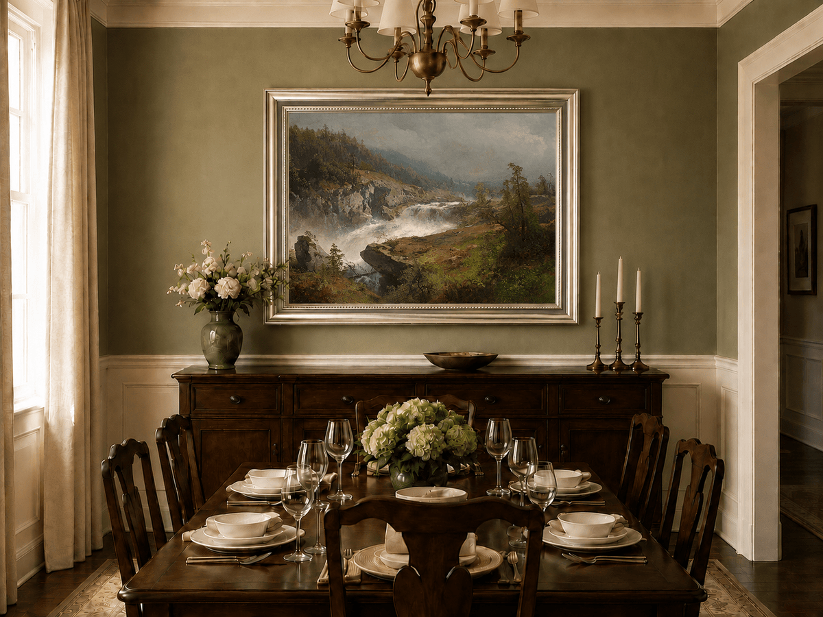Peinture à l'huile de paysage - Rivière printanière avec pêcheur et arbres