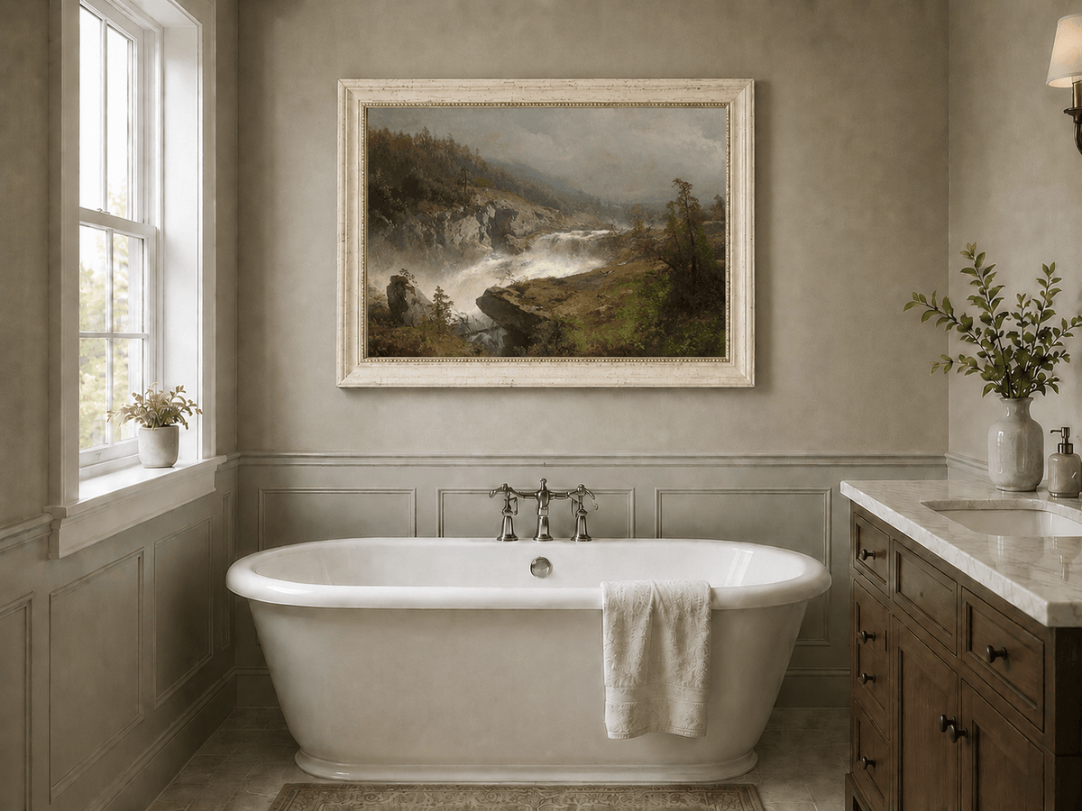 Peinture à l'huile de paysage - Rivière printanière avec pêcheur et arbres