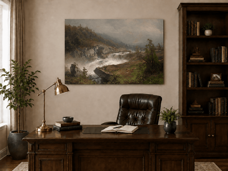 Peinture à l'huile de paysage - Rivière printanière avec pêcheur et arbres