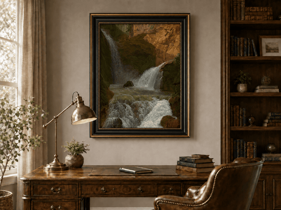 Hand-painted mountain waterfall in a rocky gorge landscape oil painting displayed above a desk in a home office interior.