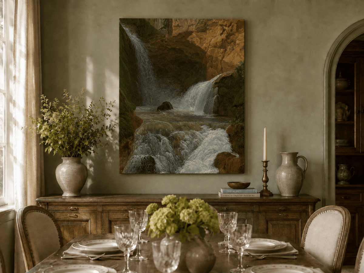Hand-painted mountain waterfall in a rocky gorge landscape oil painting displayed in a dining room interior.