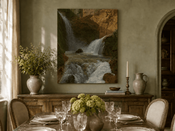 Hand-painted mountain waterfall in a rocky gorge landscape oil painting displayed in a dining room interior.