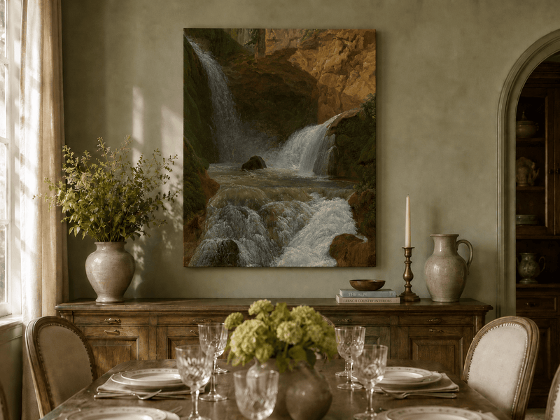 Hand-painted mountain waterfall in a rocky gorge landscape oil painting displayed in a dining room interior.