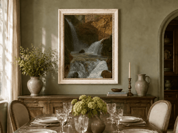Hand-painted mountain waterfall in a rocky gorge landscape oil painting displayed in a dining room interior.