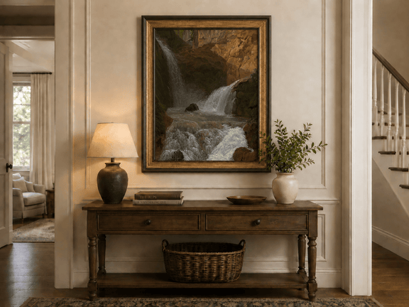 Hand-painted mountain waterfall in a rocky gorge landscape oil painting displayed above a console table in a hallway interior.