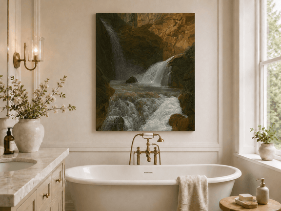 Hand-painted mountain waterfall in a rocky gorge landscape oil painting displayed in a bathroom interior above a bathtub.