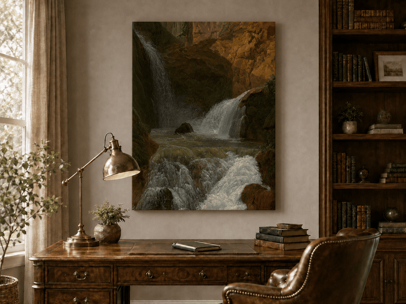 Hand-painted mountain waterfall in a rocky gorge landscape oil painting displayed above a desk in a home office interior.