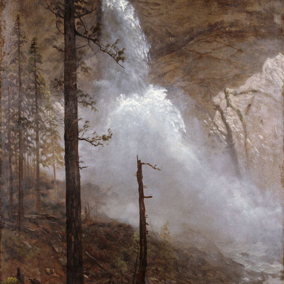 Peinture à l'huile de paysage - Cascade de montagne et falaises rocheuses, forêt
