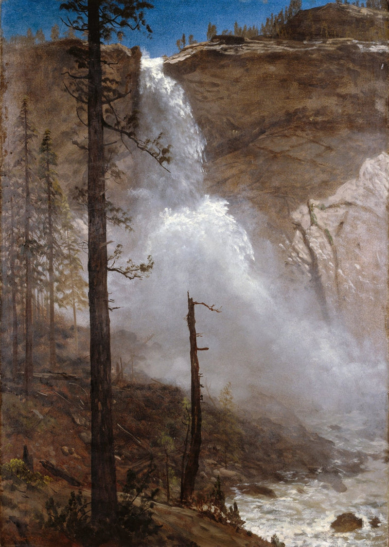 Peinture à l'huile de paysage - Cascade de montagne et falaises rocheuses, forêt