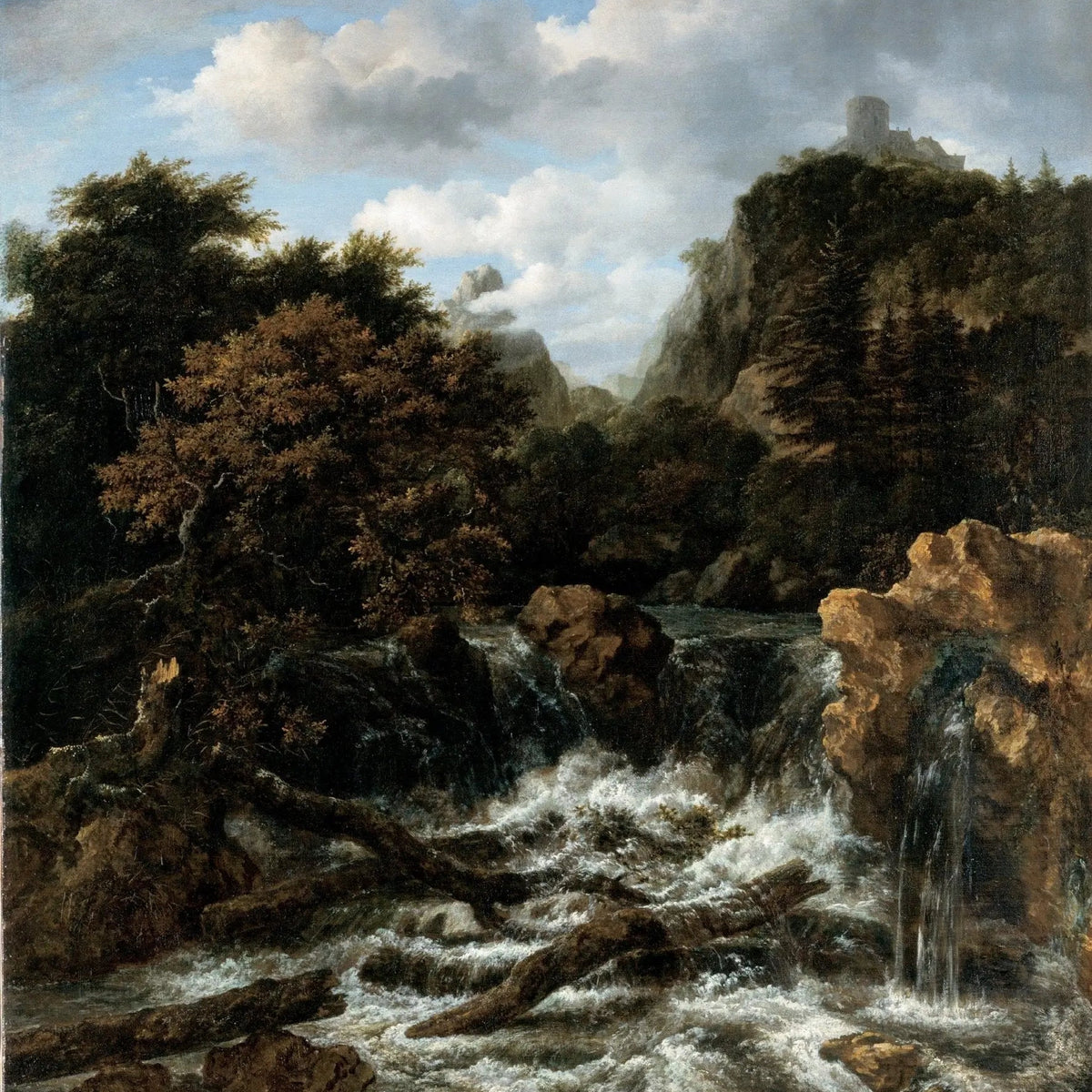 Landscape Oil Painting - Mountain Waterfall with Castle - Oil Painting Haven
