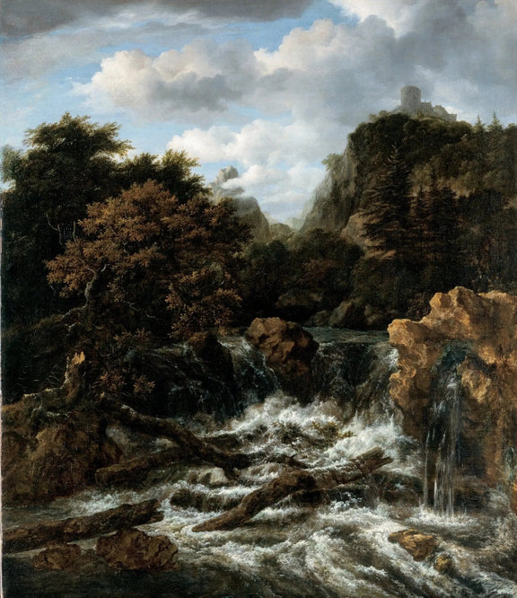 Landscape Oil Painting - Mountain Waterfall with Castle - Oil Painting Haven