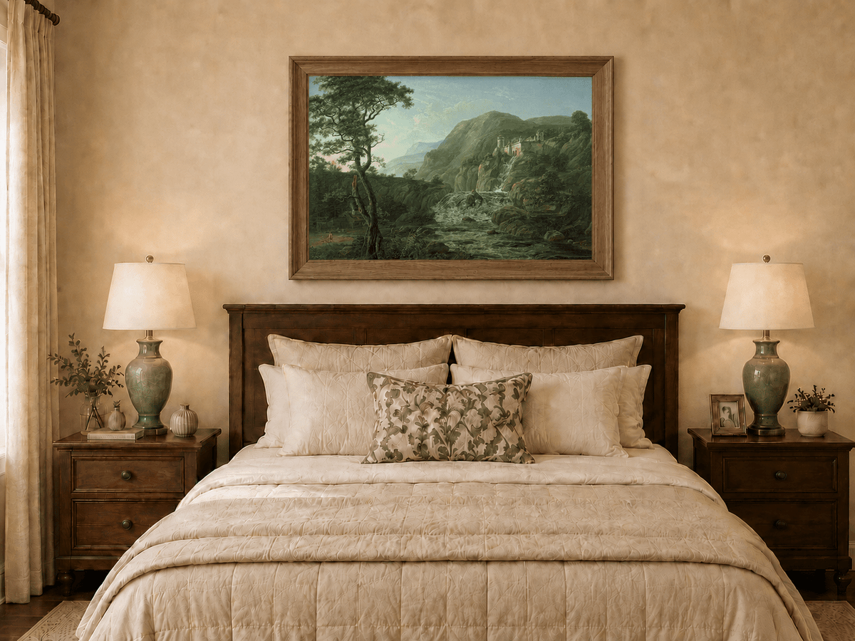 Hand-painted mountain waterfall with castle ruins displayed as decorative wall art.