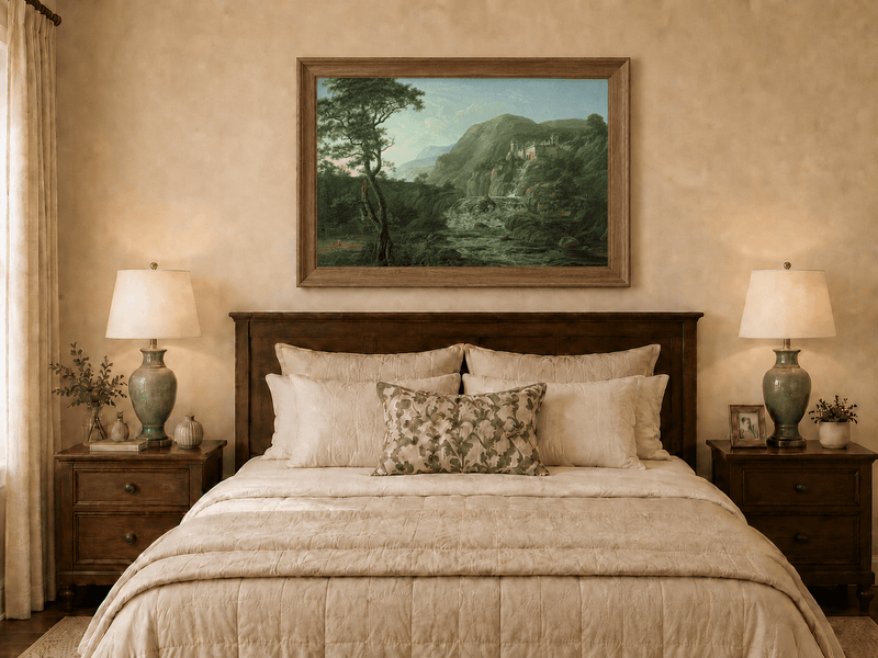 Hand-painted mountain waterfall with castle ruins displayed as decorative wall art.