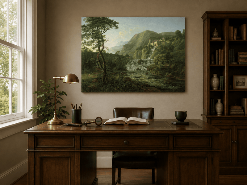 Interior wall art view featuring a mountain waterfall with castle ruins oil painting.