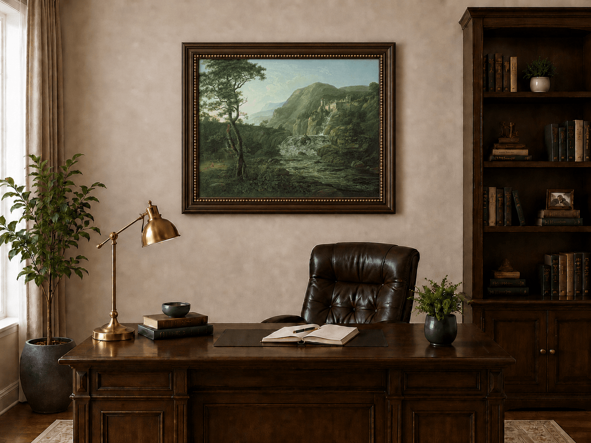 Castle ruins above a mountain waterfall landscape oil painting presented in an interior wall art mockup.