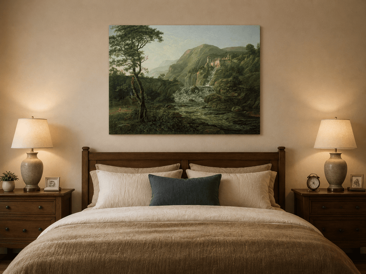 Mountain waterfall and castle ruins oil painting displayed as landscape wall decor.