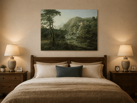 Mountain waterfall and castle ruins oil painting displayed as landscape wall decor.