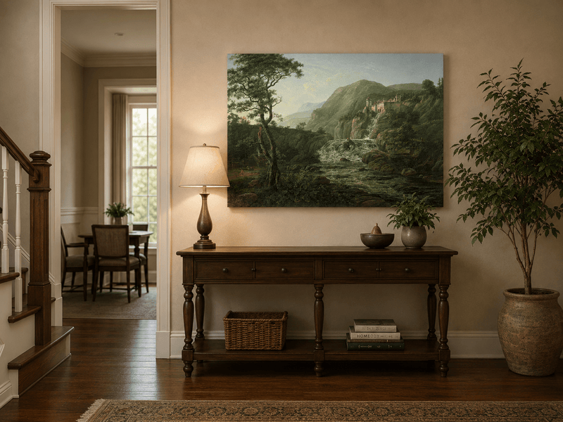Mountain ruins landscape painting shown as decorative oil wall art.