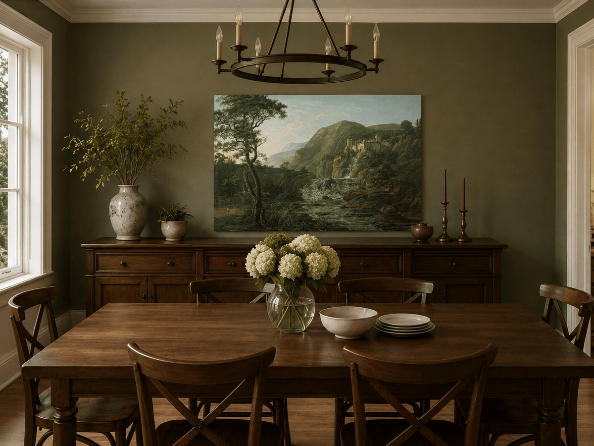Hand-painted mountain ruins and waterfall landscape artwork in an interior display.