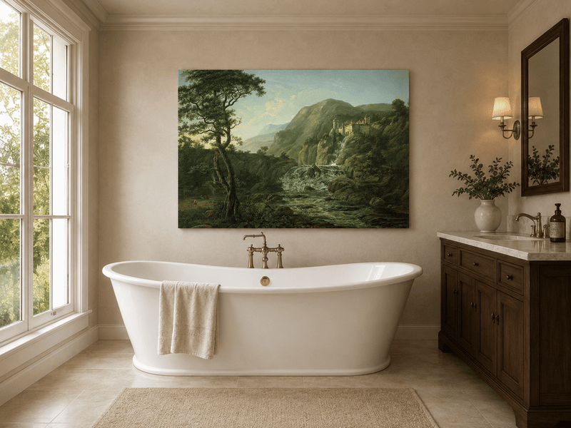 Mountain waterfall with castle ruins landscape oil painting presented as styled home decor.