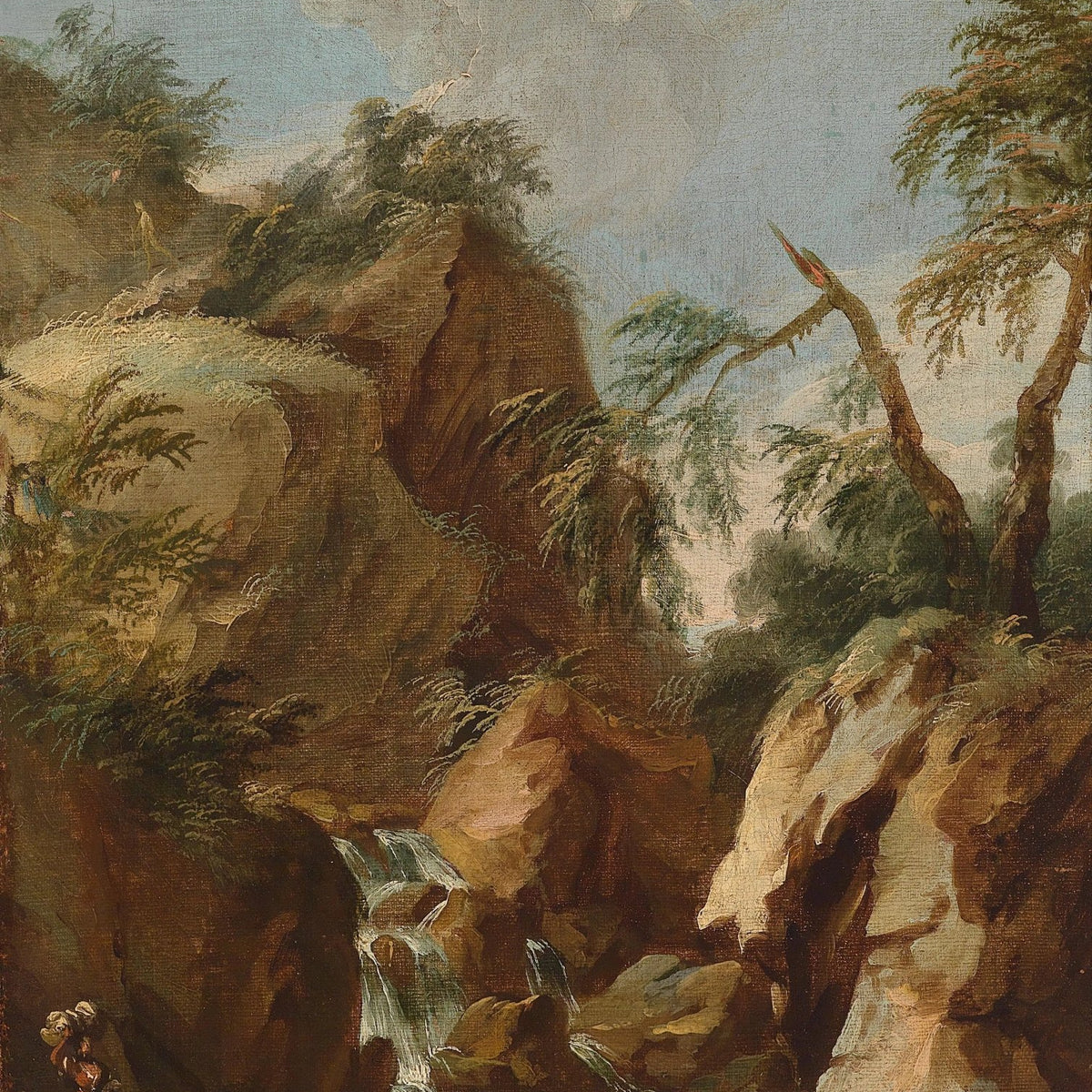 Landscape Oil Painting - Mountain Waterfall with Figures & Trees - Oil Painting Haven