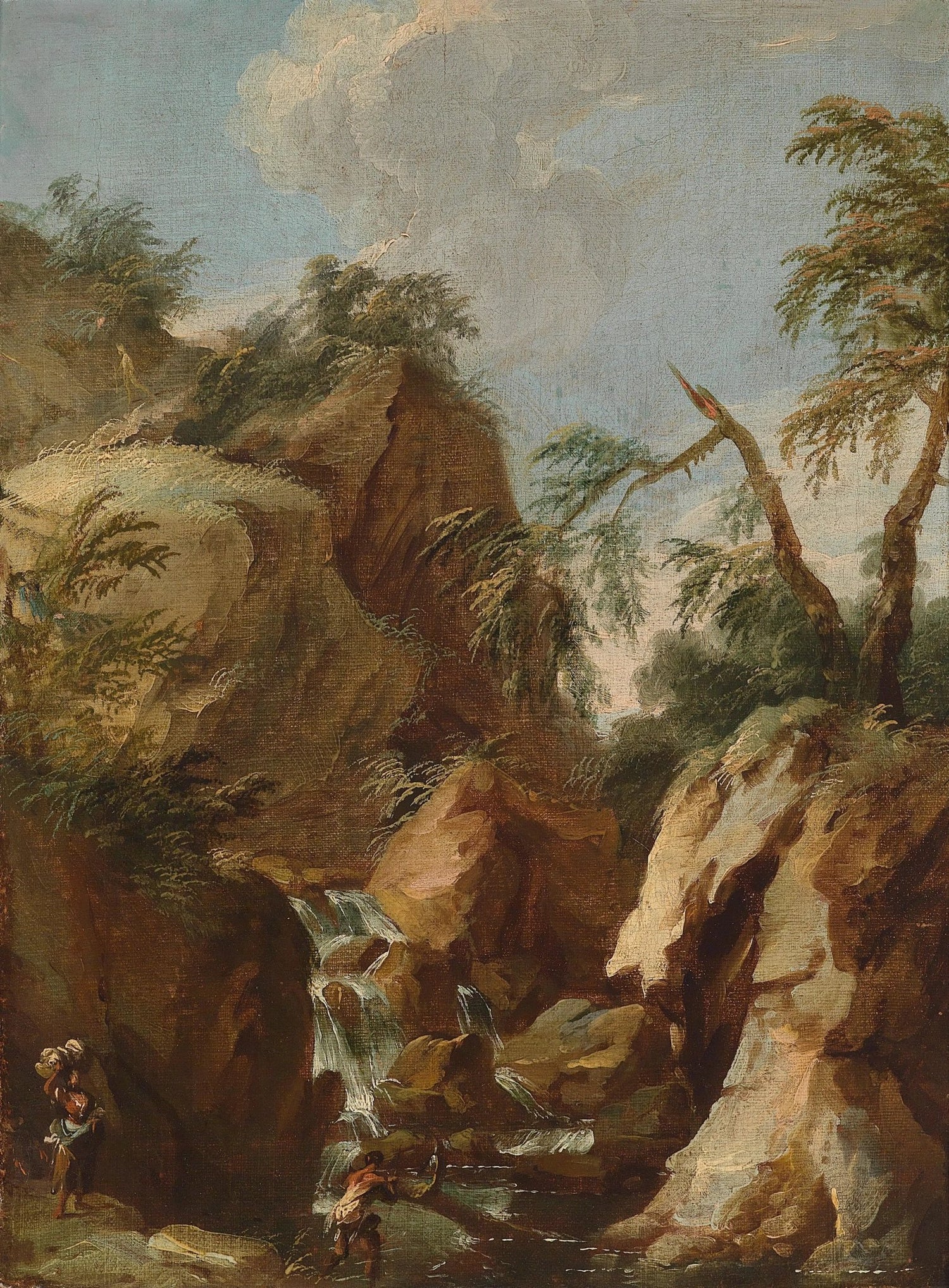 Landscape Oil Painting - Mountain Waterfall with Figures & Trees - Oil Painting Haven