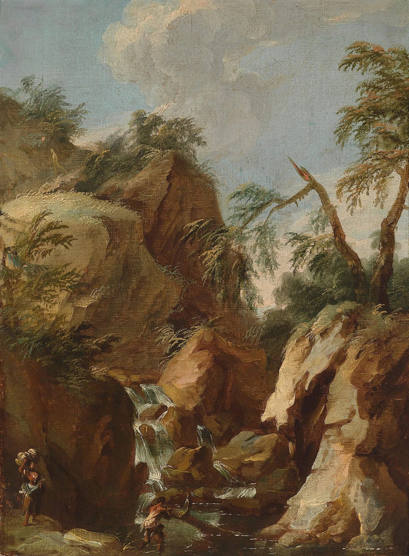 Landscape Oil Painting - Mountain Waterfall with Figures & Trees - Oil Painting Haven