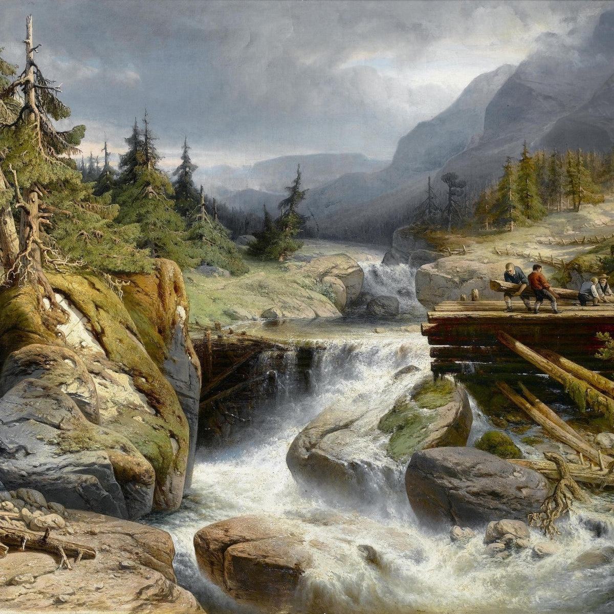 Landscape Oil Painting - Mountain waterfall & wooden bridge, forest stream - Oil Painting Haven