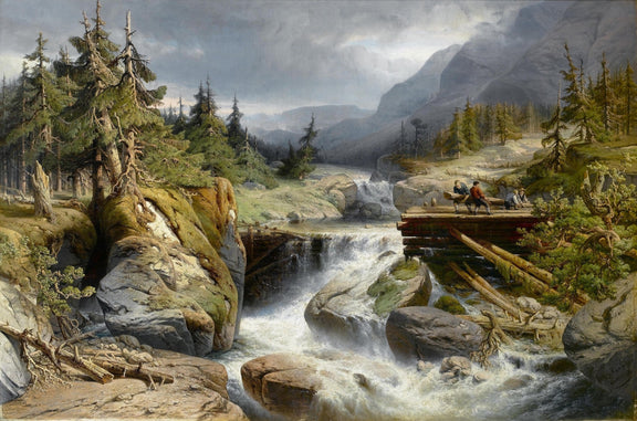 Landscape Oil Painting - Mountain waterfall & wooden bridge, forest stream - Oil Painting Haven