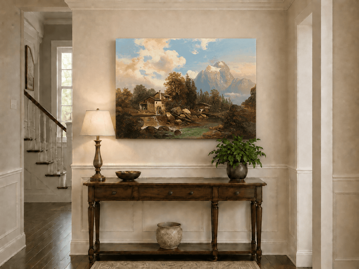 Landscape Oil Painting - Mountain Watermill and River View