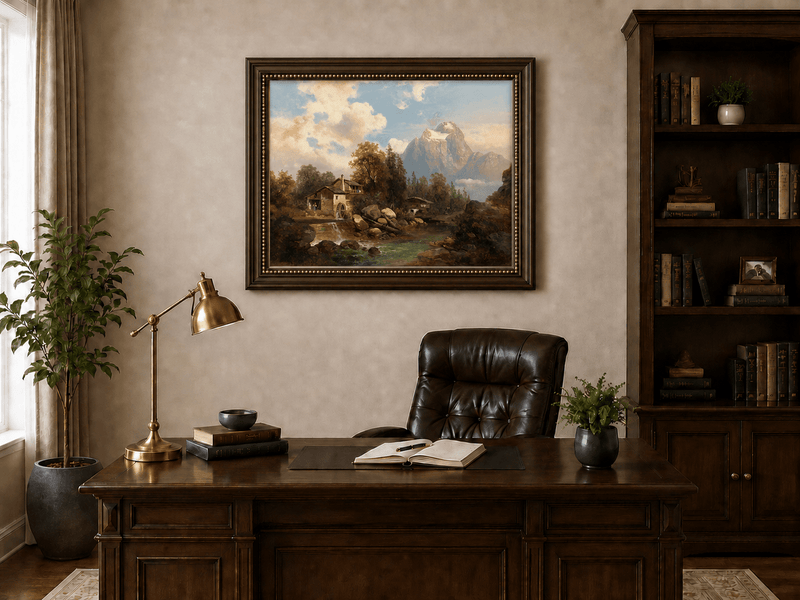 Landscape Oil Painting - Mountain Watermill and River View