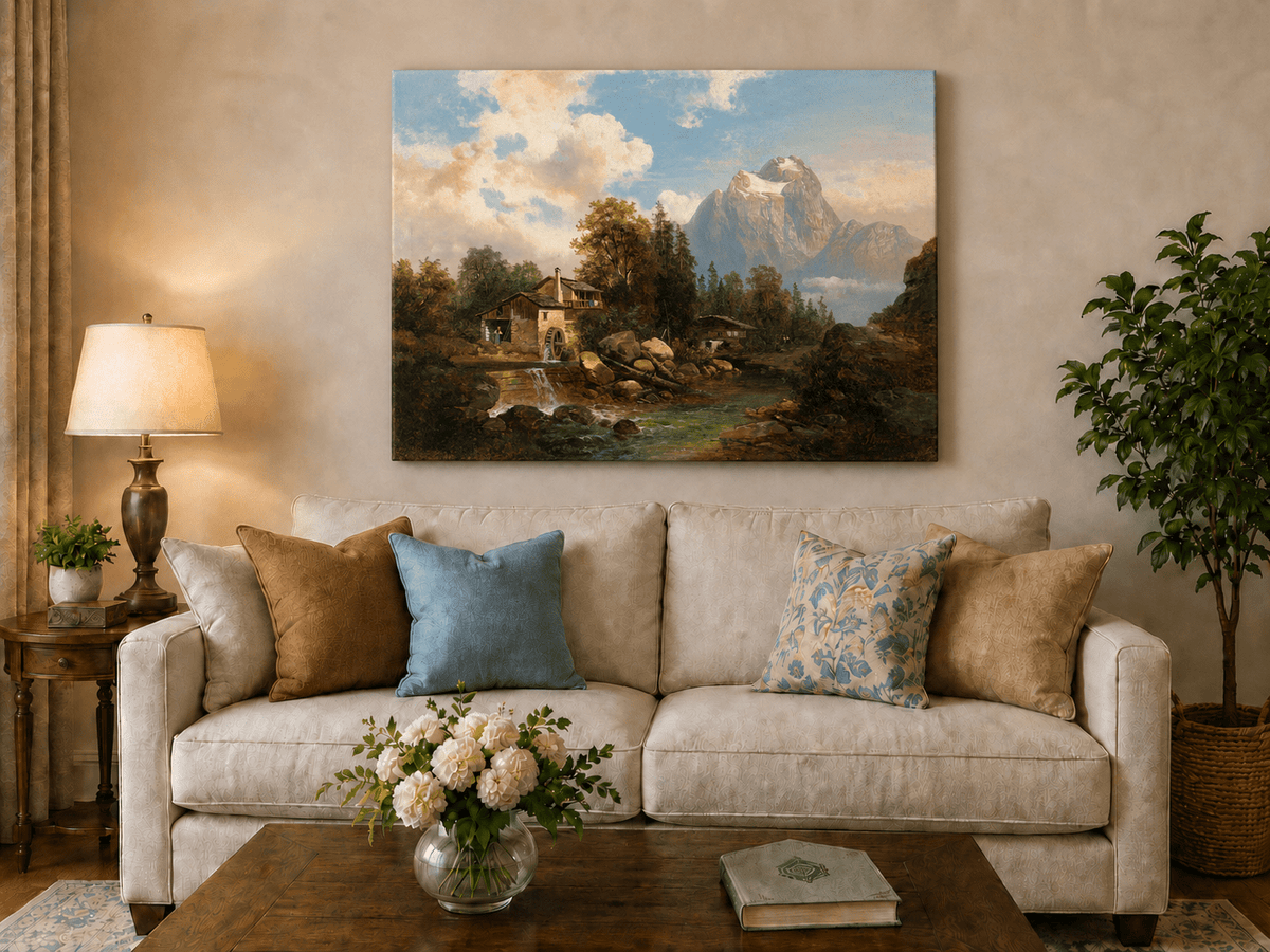 Landscape Oil Painting - Mountain Watermill and River View