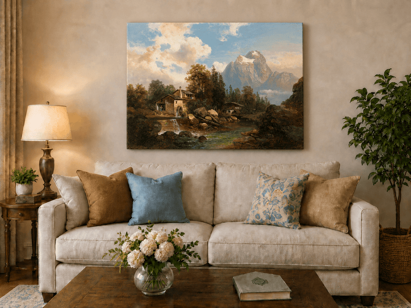 Landscape Oil Painting - Mountain Watermill and River View