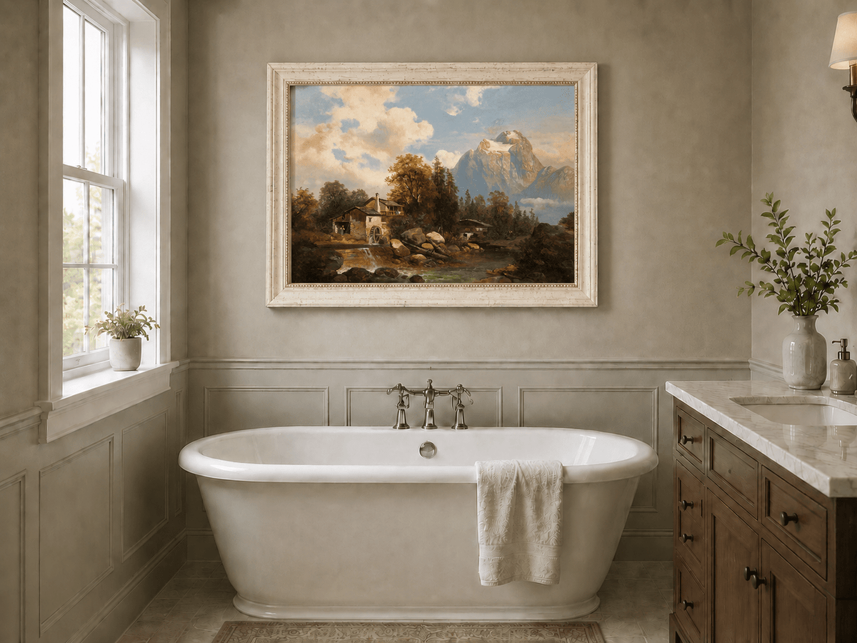 Landscape Oil Painting - Mountain Watermill and River View