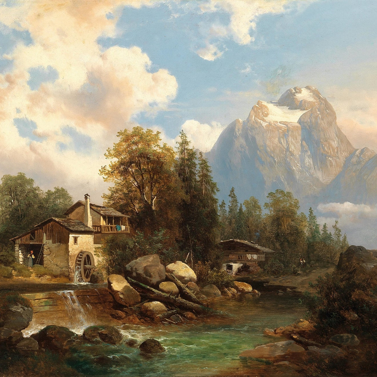 Hand-painted mountain watermill and river view landscape oil painting on canvas