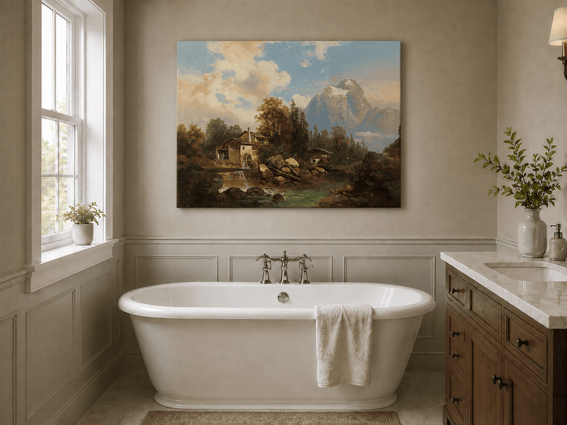 Landscape Oil Painting - Mountain Watermill and River View