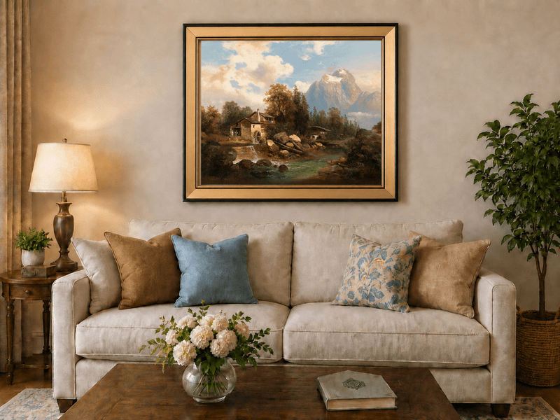 Landscape Oil Painting - Mountain Watermill and River View