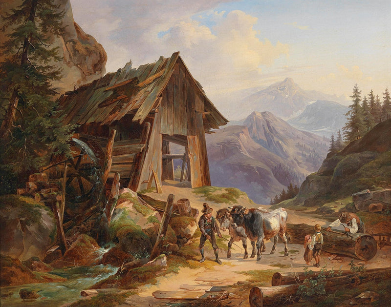 Landscape Oil Painting - Mountain Watermill & Figures, Cows, Rustic Cabin - Oil Painting Haven