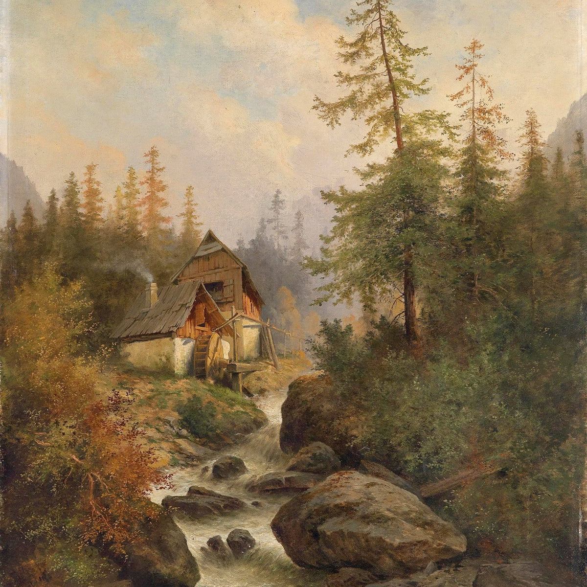 Landscape Oil Painting - Mountain Watermill & Stream, Pines, Rustic Cabin - Oil Painting Haven