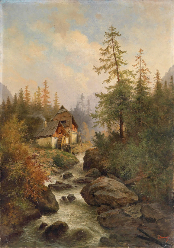 Landscape Oil Painting - Mountain Watermill & Stream, Pines, Rustic Cabin - Oil Painting Haven