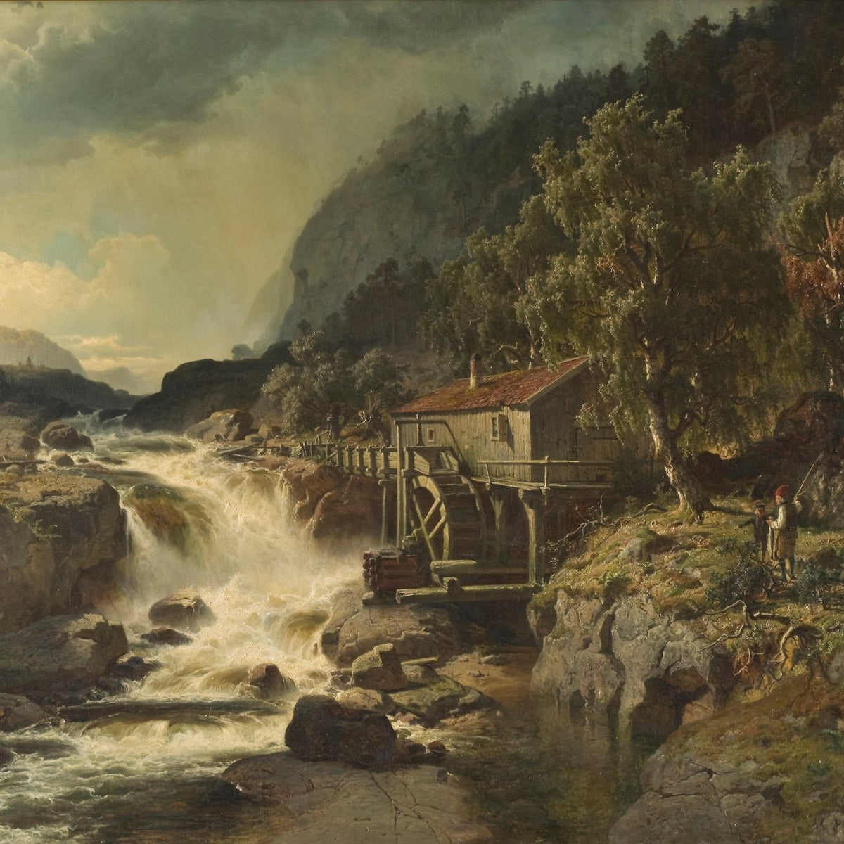 Hand-painted mountain watermill with rushing waterfall landscape oil painting on canvas