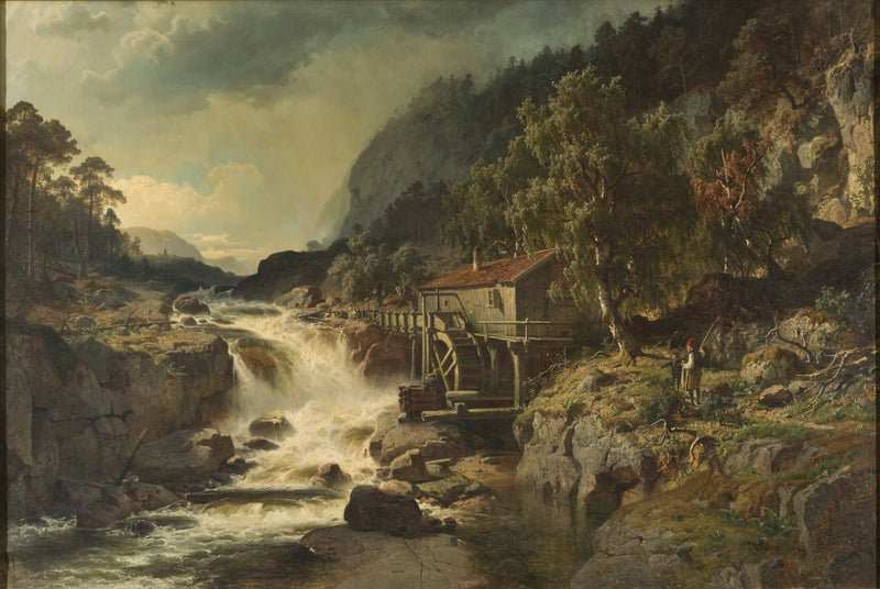 Hand-painted mountain watermill with rushing waterfall landscape oil painting on canvas