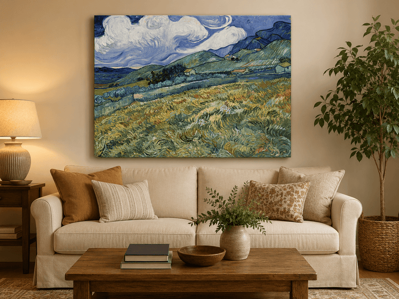 Pintura al óleo de paisaje - Campo de trigo montañoso bajo un cielo arremolinado