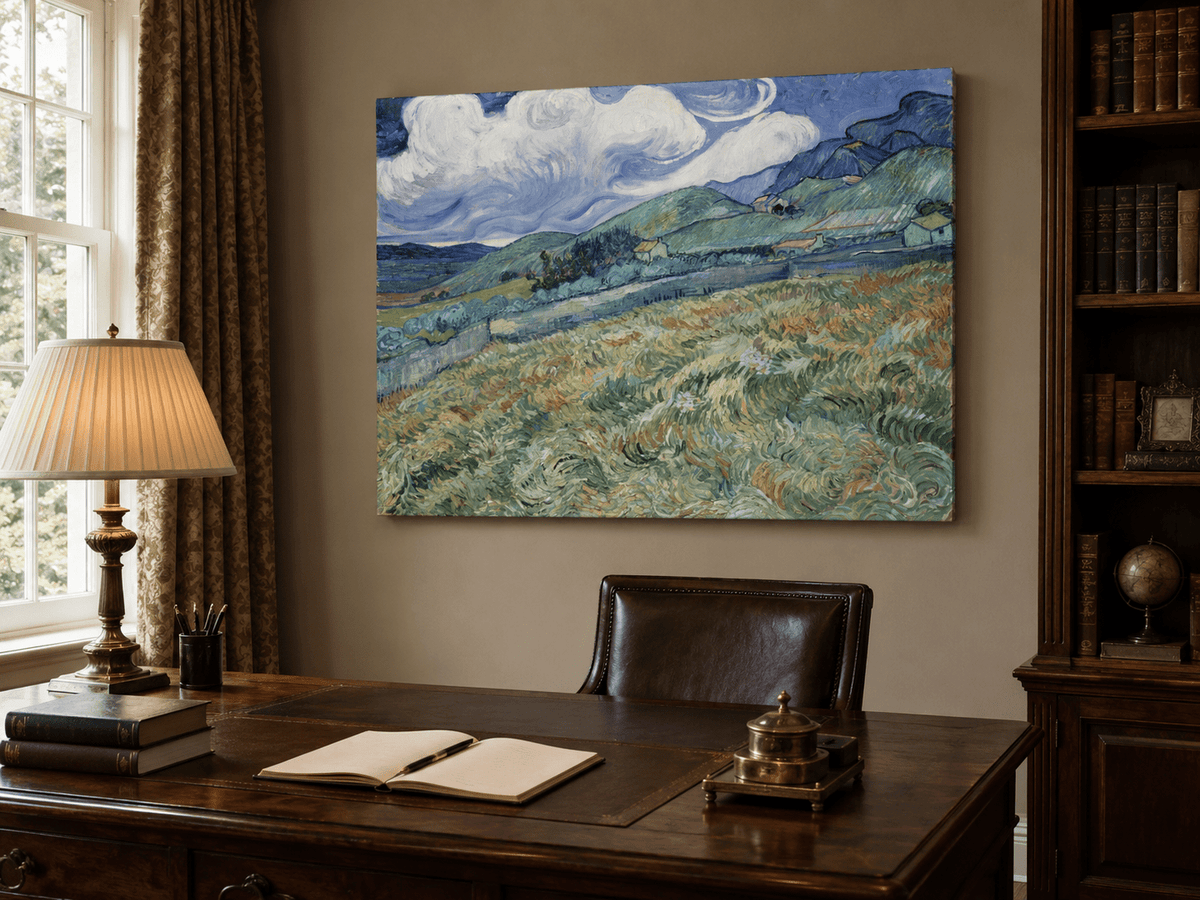 Pintura al óleo de paisaje - Campo de trigo montañoso bajo un cielo arremolinado